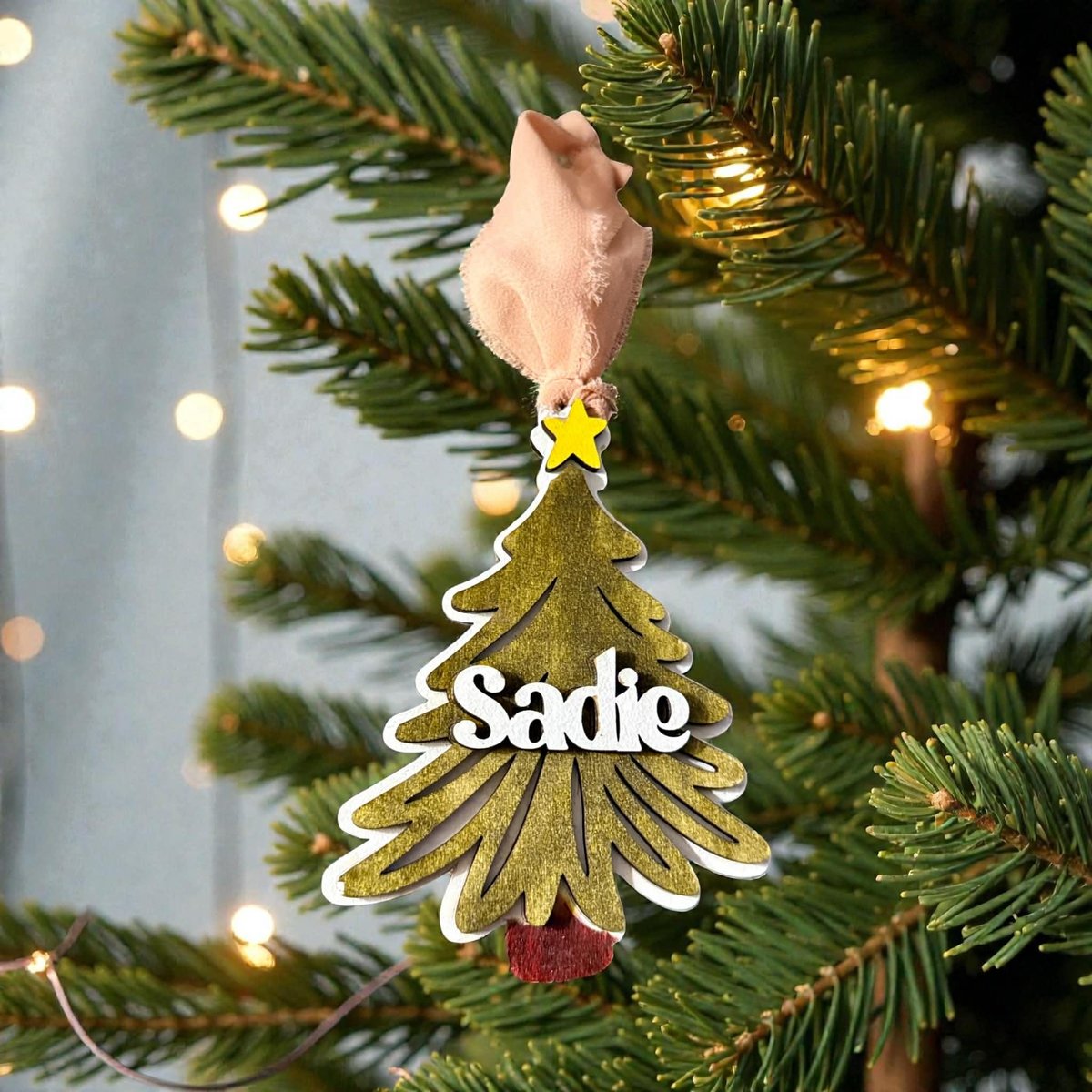 Custom Name Tree Ornament – Kids Christmas Gift – Wooden Layered Ornament with Star – Holiday Keepsake Decoration”