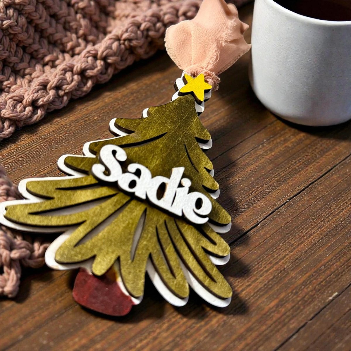 Custom Name Tree Ornament – Kids Christmas Gift – Wooden Layered Ornament with Star – Holiday Keepsake Decoration”