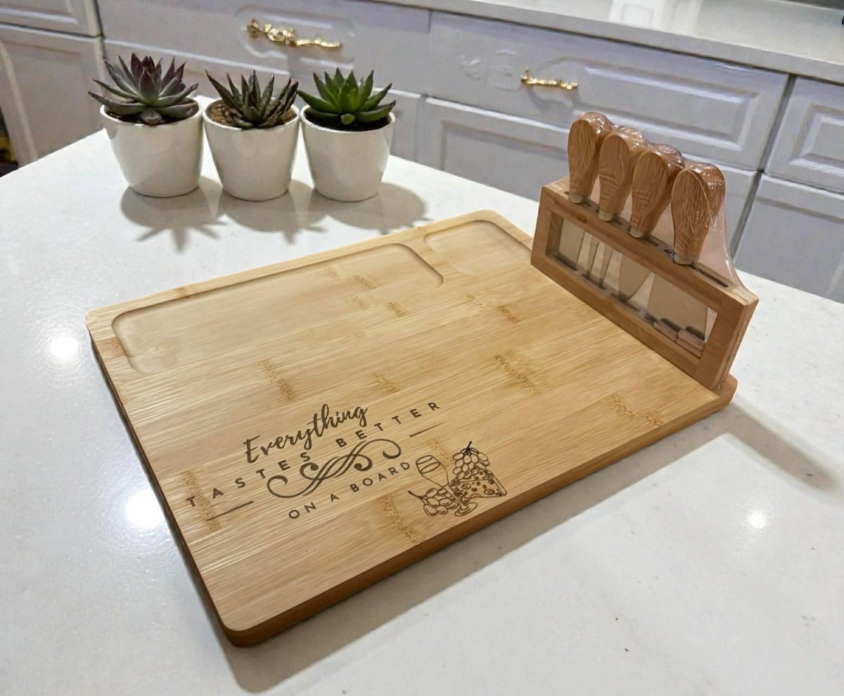 Bamboo Charcuterie Board w/Cheese Knives Set – Personalized Serving Board – Engraved Cheese Board w/Utensils – Housewarming Gift