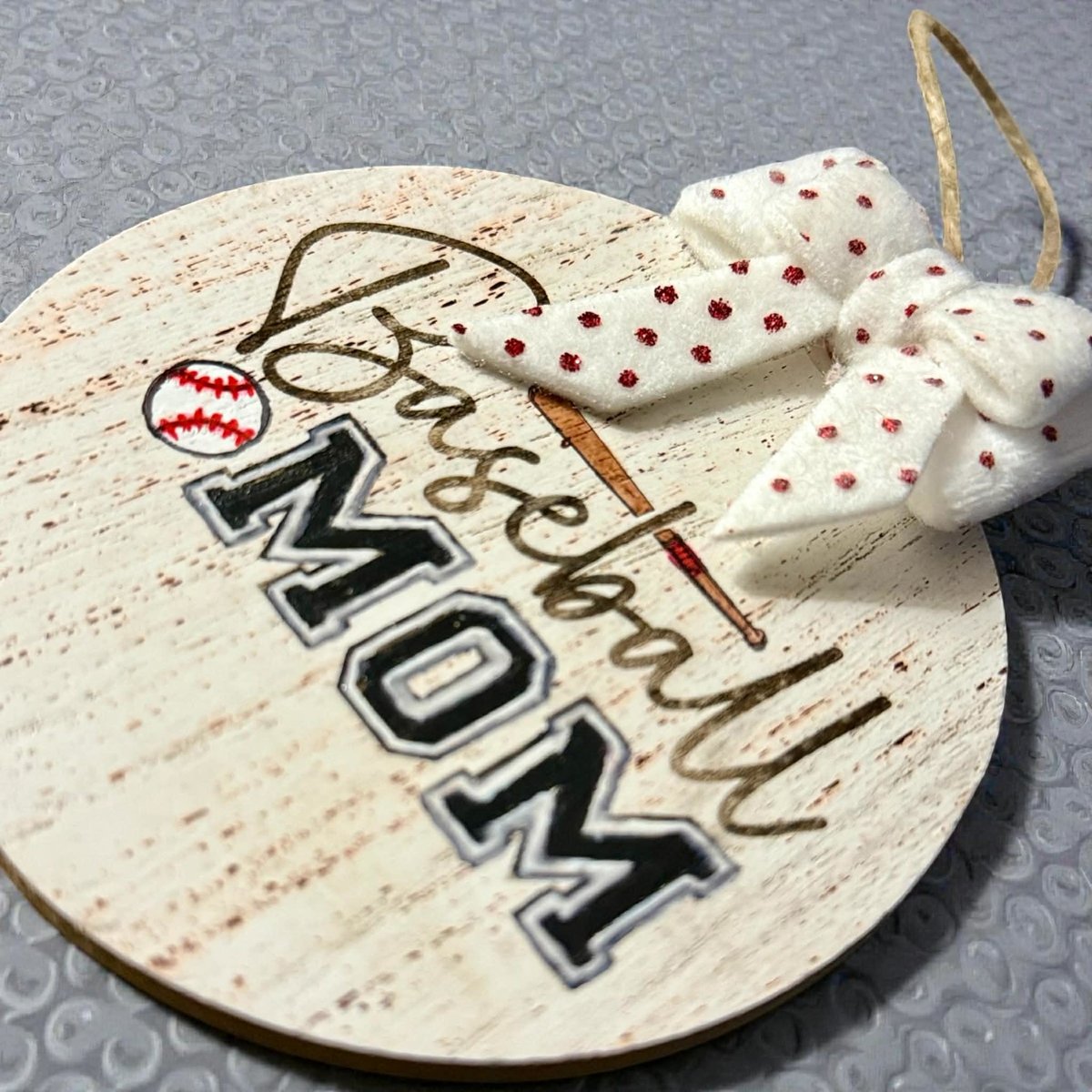 Baseball Mom Ornament – Rustic MDF Baseball Christmas Ornament with Bow, Sports Mom Gift, Team Mom Tree Decor, Handmade Baseball Gift