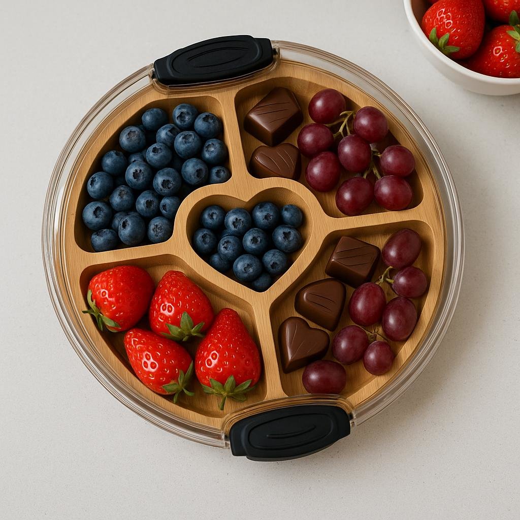 Heart-Shaped Center Charcuterie Board w/Clear Locking Lid — Round Bamboo Serving Tray for Cheese, Snacks & Parties | Gift for Entertainers
