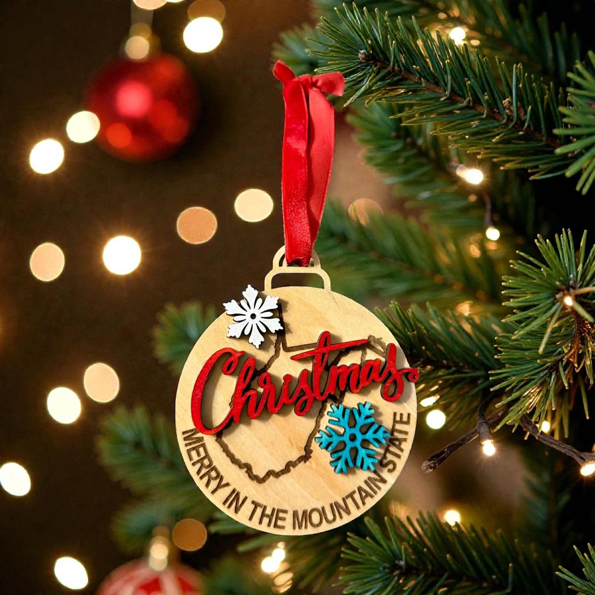 West Virginia Christmas Ornament – Merry in the Mountain State – Laser Cut Wood Ornament – State Pride Holiday Décor – WV Gift Idea