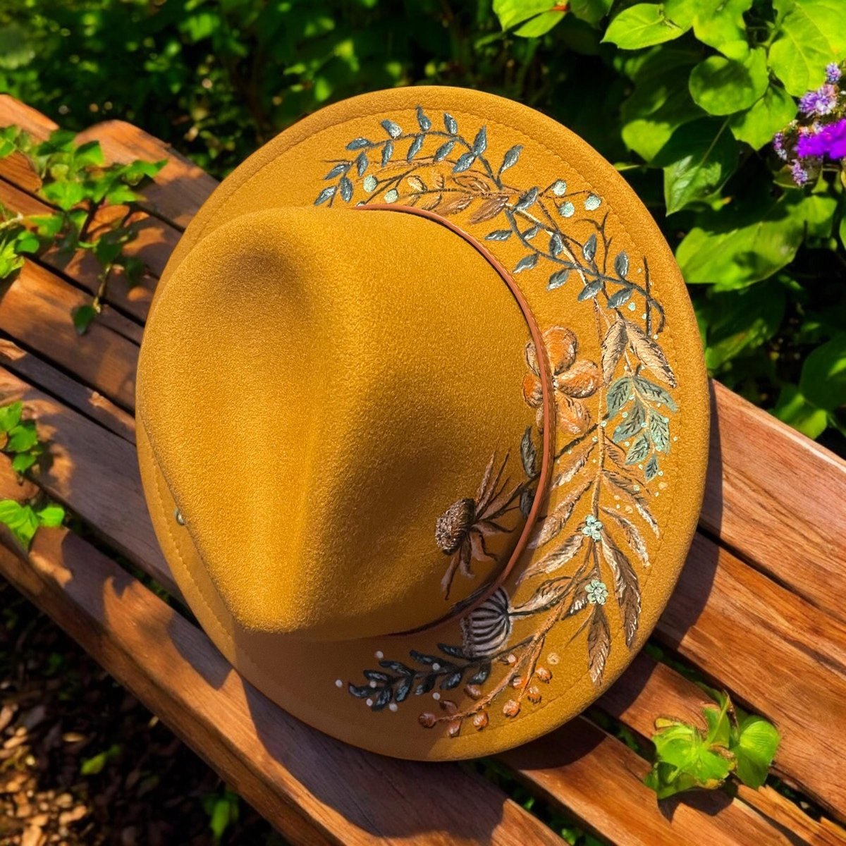 Hand Painted Fedora Hat | Wild & Free/Mustard Yellow Floral Fedora | Personalized Boho Hat | Custom Name Felt Hat | Women’s Statement Hat