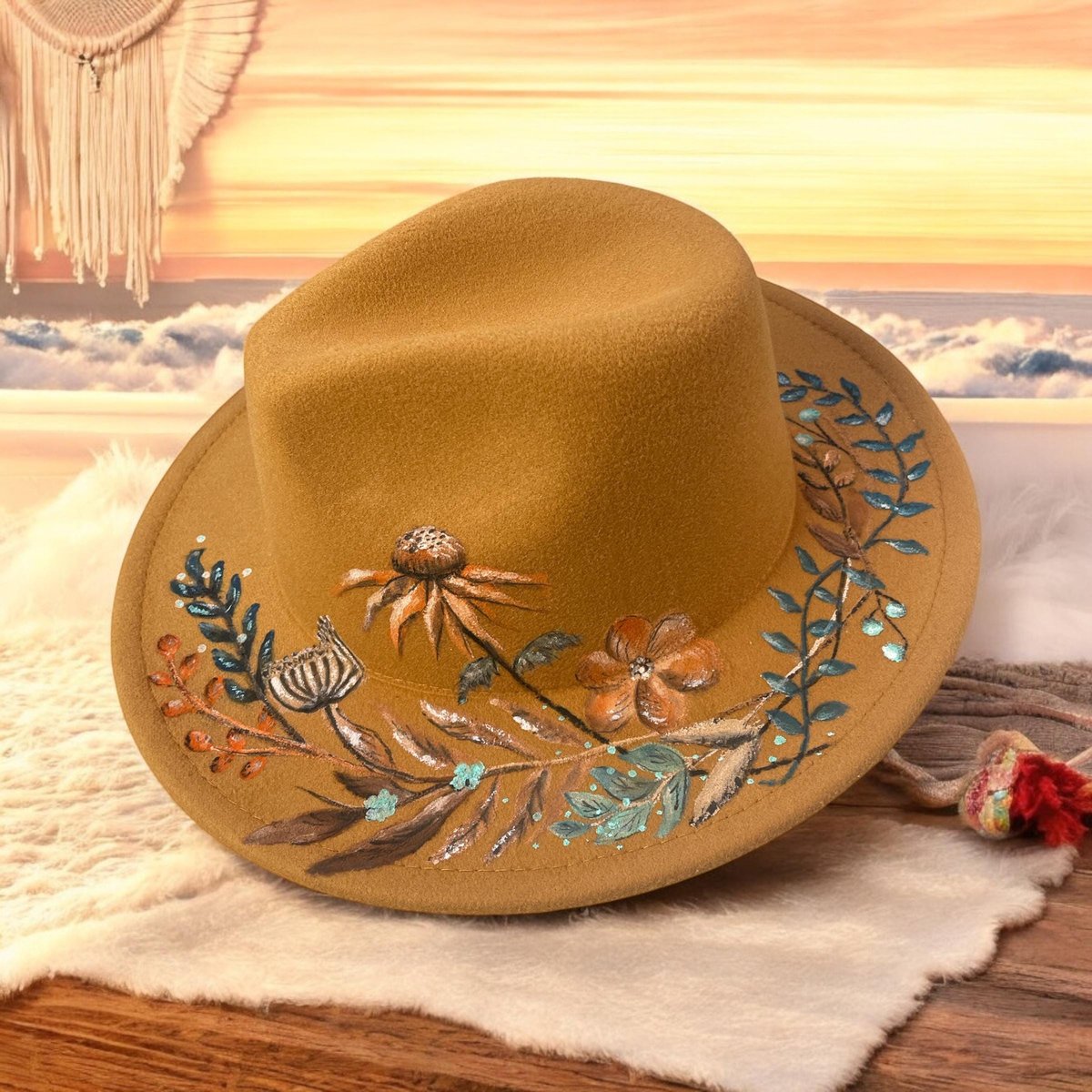 Hand Painted Fedora Hat | Wild & Free/Mustard Yellow Floral Fedora | Personalized Boho Hat | Custom Name Felt Hat | Women’s Statement Hat