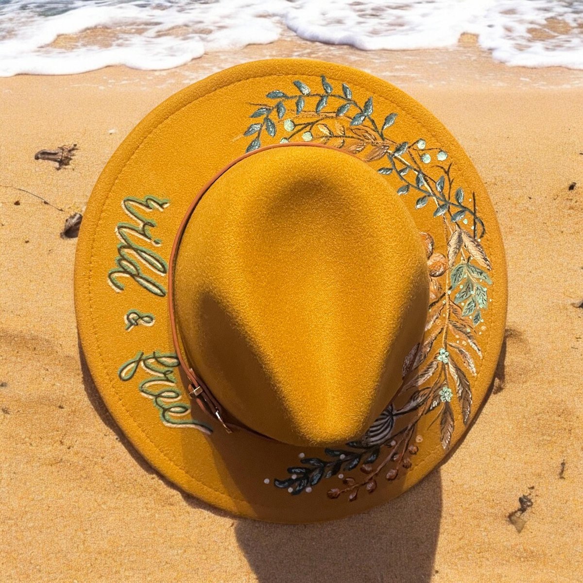 Hand Painted Fedora Hat | Wild & Free/Mustard Yellow Floral Fedora | Personalized Boho Hat | Custom Name Felt Hat | Women’s Statement Hat