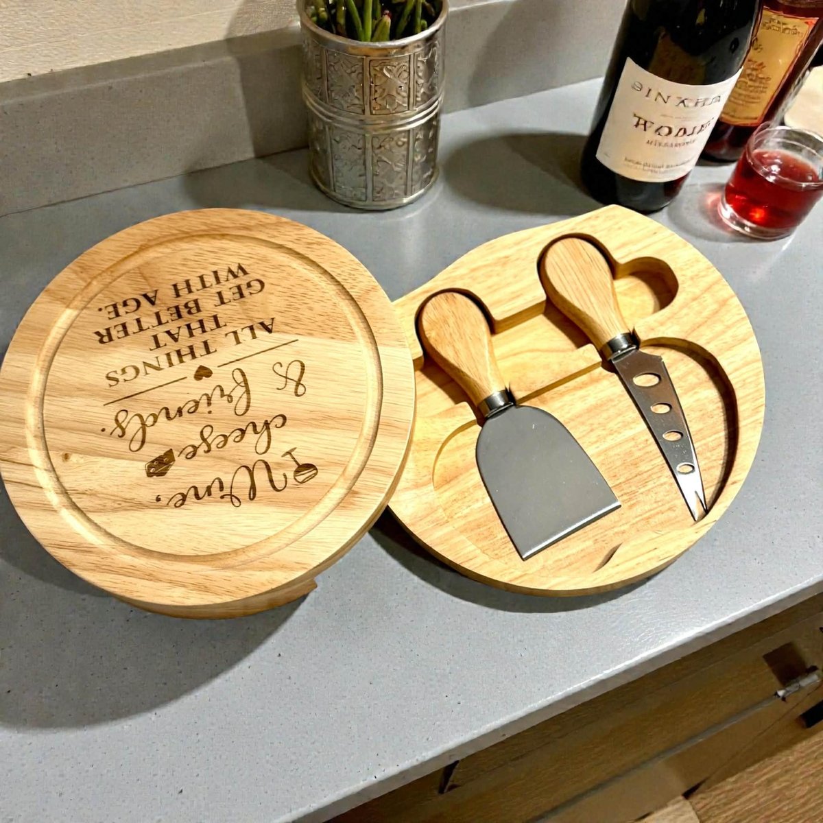 Personalized Engraved Cheese Board with Tools | Round Charcuterie Board Tray | Bamboo Cheese Board Gift | Housewarming Serving Board