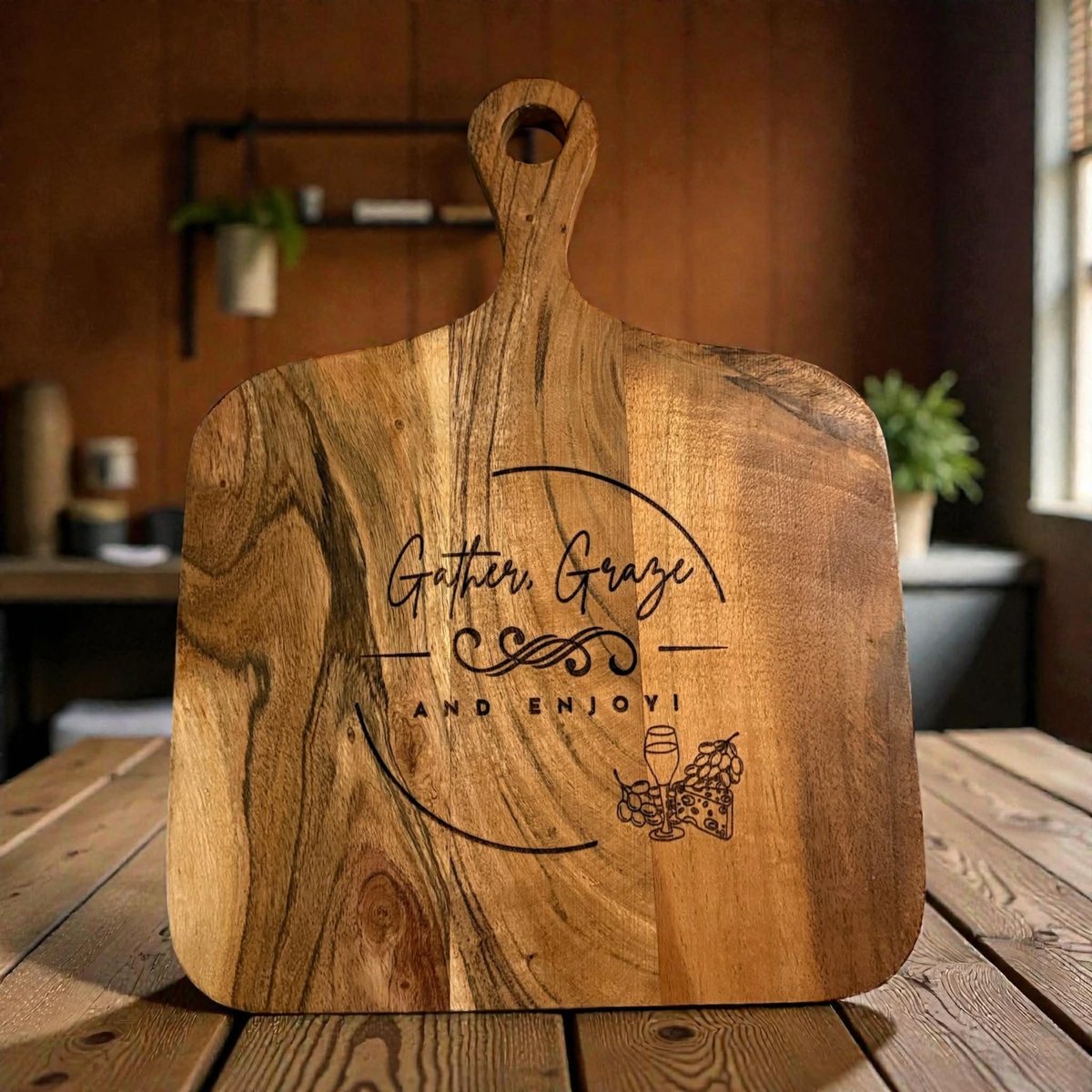 Engraved Charcuterie Board | “Gather, Graze and Enjoy” Wooden Serving Board | Cheese & Snack Tray |Farmhouse Gift
