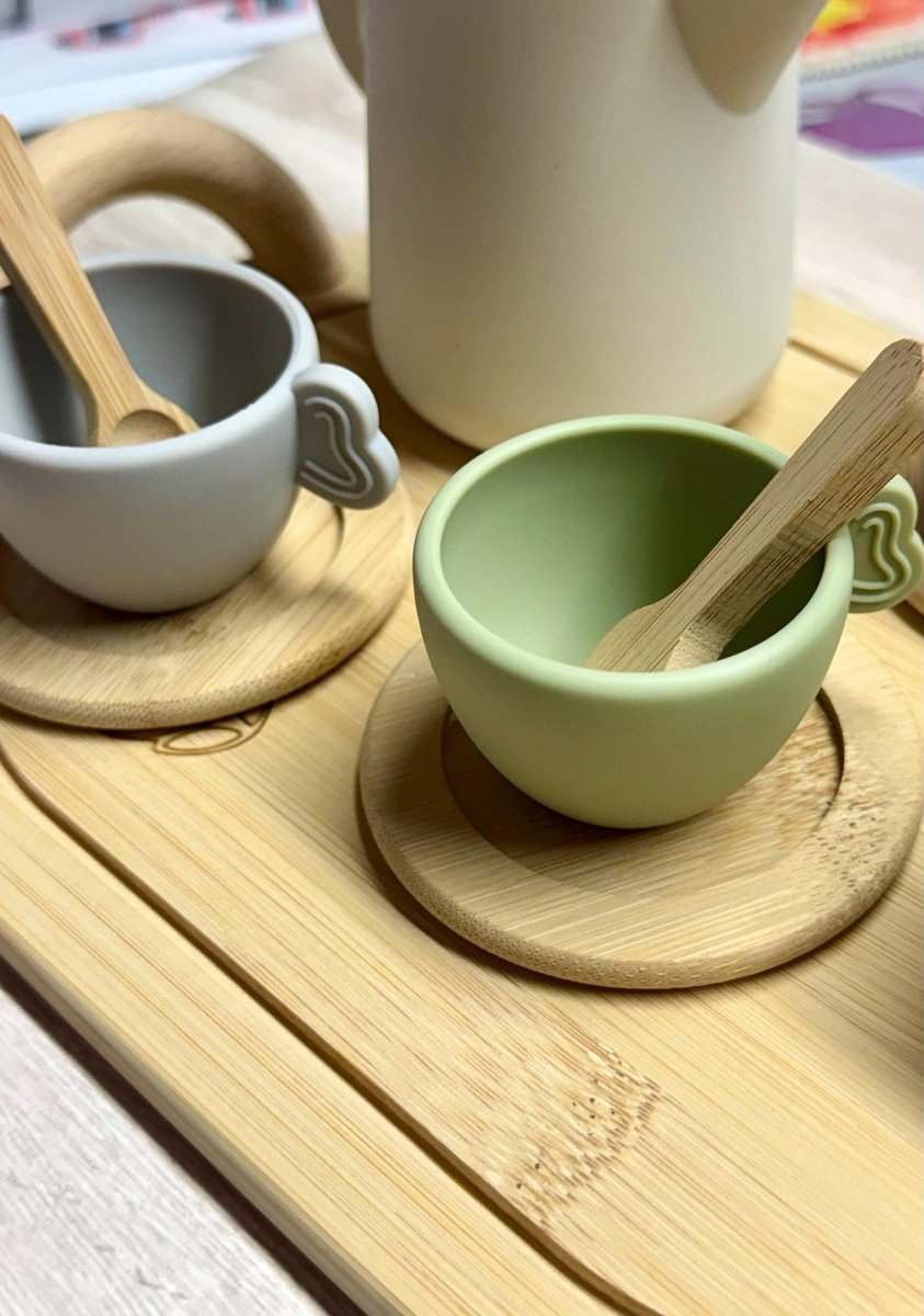 Personalized Wooden & Silicone Kids Tea Set | Custom Name Tea Tray | Montessori Pretend Play Toy | Sensory Tea Party Gift for Toddlers