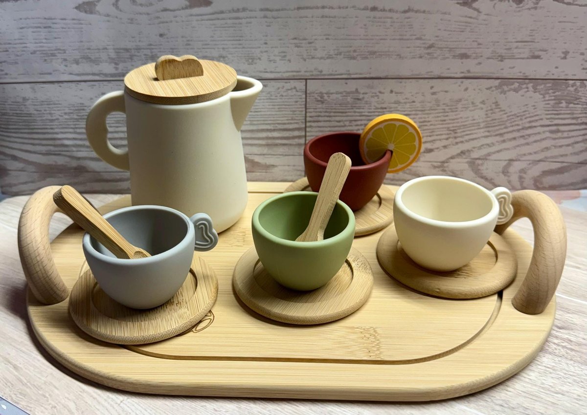 Personalized Wooden & Silicone Kids Tea Set | Custom Name Tea Tray | Montessori Pretend Play Toy | Sensory Tea Party Gift for Toddlers
