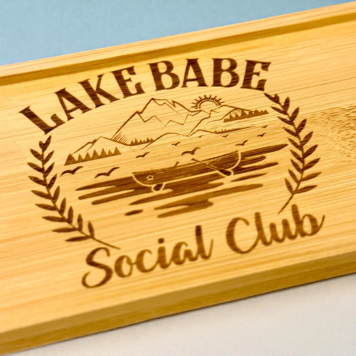 Personalized Bamboo Charcuterie Board Engraved with Lake Scene | Custom Social Club Serving Tray | Rustic Cheese Board | Housewarming Gift