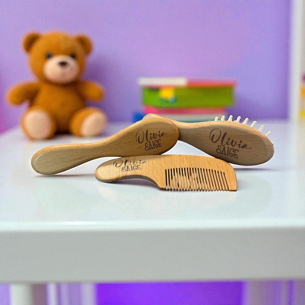 Personalized Wooden Baby Brush Set | Custom Name Baby Hairbrush & Comb | Newborn Grooming Set | Baby Shower Gift Keepsake