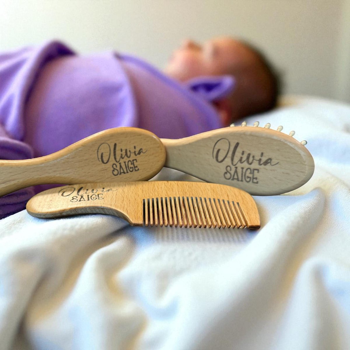 Personalized Wooden Baby Brush Set | Custom Name Baby Hairbrush & Comb | Newborn Grooming Set | Baby Shower Gift Keepsake