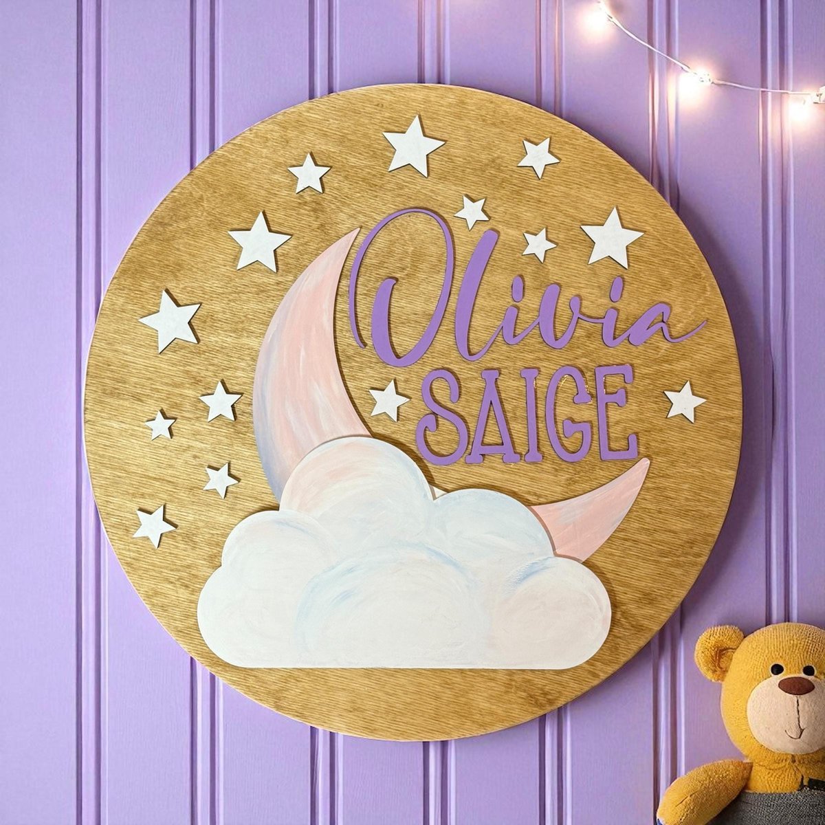Custom Baby Name Sign | Hand Painted Nursery Wall Decor | Moon & Stars Baby Room Sign | Personalized Baby Name Plaque | Nursery Decor