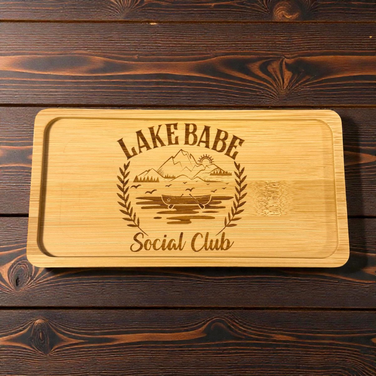 Personalized Bamboo Charcuterie Board Engraved with Lake Scene | Custom Social Club Serving Tray | Rustic Cheese Board | Housewarming Gift
