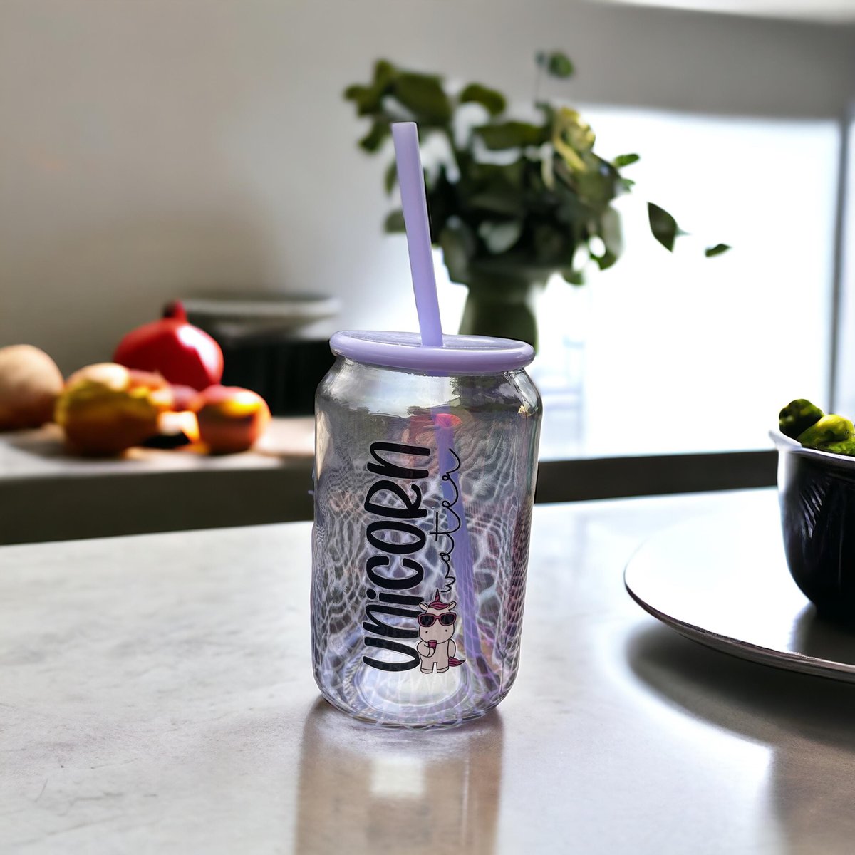 Purple Unicorn Water Glass Can Cup | Custom Name Glass Tumbler with Straw | Cute Kids Unicorn Cup | Iced Coffee Glass | Gift for Girls