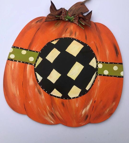 Monogram Checked Painted Pumpkin Wood Door Hanger