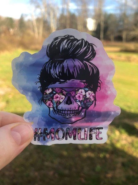 Mom Life Tie Dye Skull Sticker, Messy Bun Decal