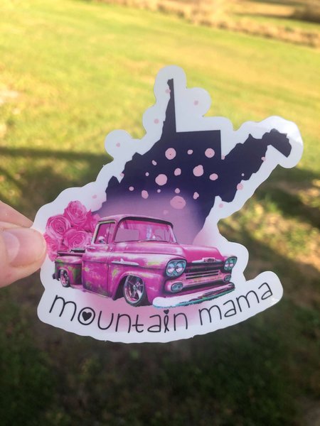 West Virginia Mountain Mama Sticker – Retro Pink Truck Vinyl Decal – WV State Pride Waterproof Sticker – Appalachian Gift