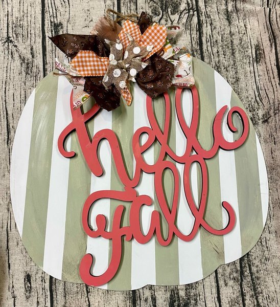Hello Fall Striped Pumpkin Wood Door Hanger