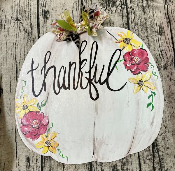 Thankful Floral Painted Pumpkin Wood Door Hanger