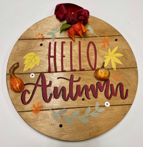 Hello Autumn Round Wood Door Hanger