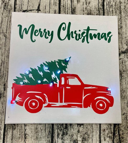 Merry Christmas Red Truck Tree Lighted Stretched Canvas