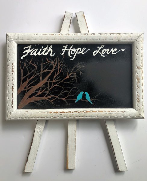 Chalkboard Lovebirds Faith Hope and Love Stand Sign Decor