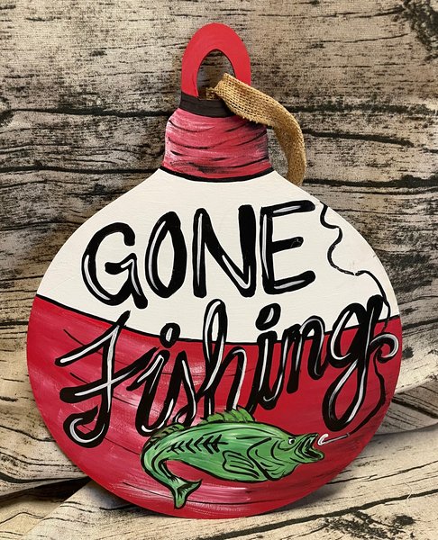 Gone Fishin' Bobber Wooden Painted Door Hanger Sign Decor