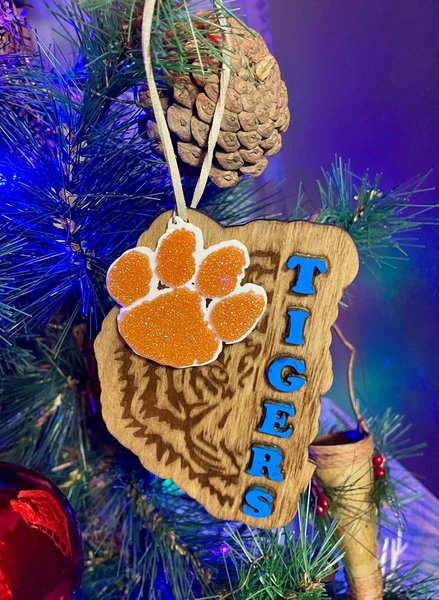 Tigers Paw Print Ornament – Wooden Christmas Ornament with Orange Glitter Paw – School Spirit Tree Decoration – Tigers Fan Gift