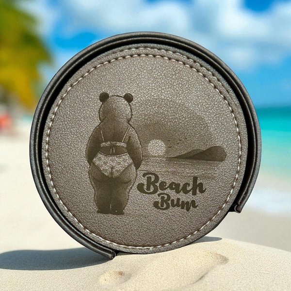Round Faux Leather Coaster Set with Engraved Custom Beach Themed Animals, Custom Coasters - Custom Gifts, Engraved Beach Coasters
