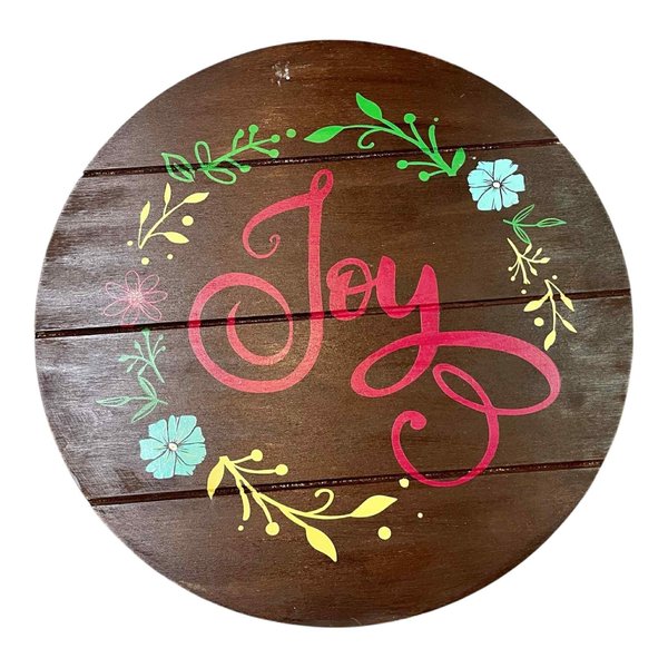 Joy Floral Wreath Wooden Round Door Hanger Sign