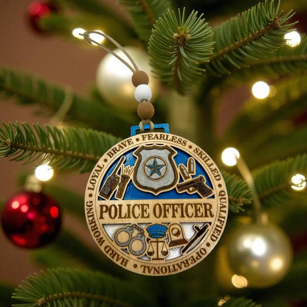 Police Officer Christmas Ornament – Hand-Painted Wooden Thin Blue Line Ornament | Law Enforcement Gift | Police Appreciation Decor
