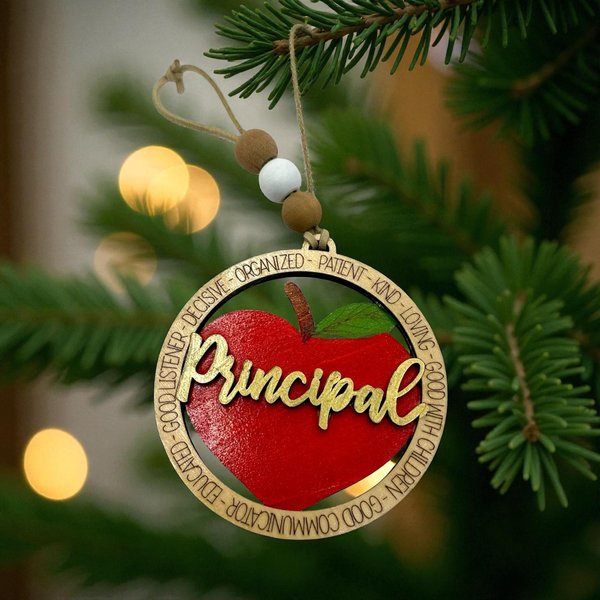 Principal Christmas Ornament – Hand-Painted Wooden Apple Ornament for School Administrators | Teacher & Principal Appreciation Gift