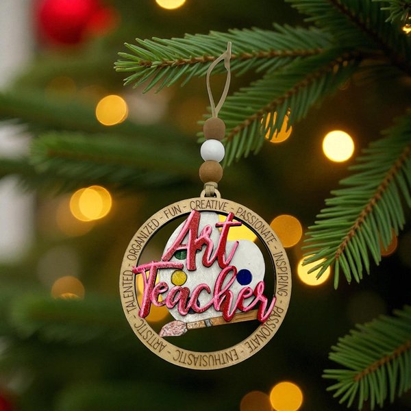 Art Teacher Christmas Ornament Hand-Painted Wooden Ornament w/ Paint Palette and Brush | Teacher Appreciation Gift | Creative Educator Decor