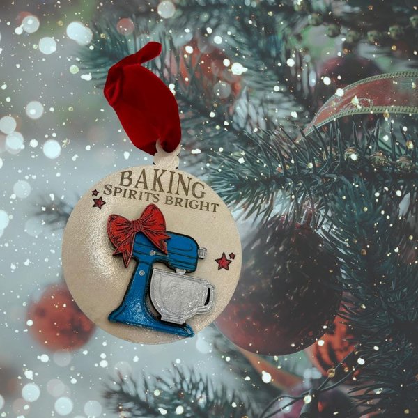 Hand-Painted Mixer Christmas Ornament – "Baking Spirits Bright" Wooden Decor