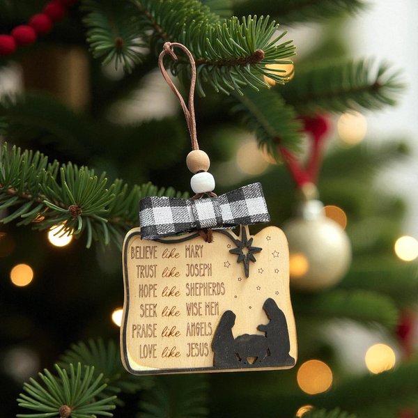 Nativity Christmas Ornament “Believe Like Mary, Trust Like Joseph” Wooden w/ Bow & Beaded Hanger Christian Holiday Gift | Religious Décor