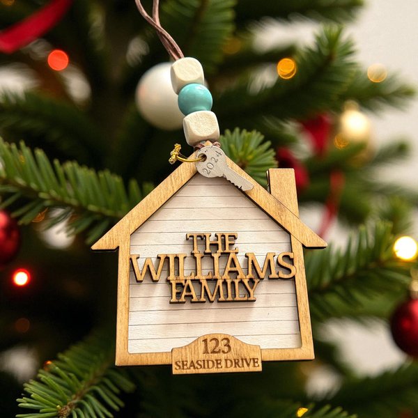 Personalized New Home Ornament – Custom Family Name Wooden House Ornament with Key & Beaded Hanger | First Home Gift | Housewarming Keepsake