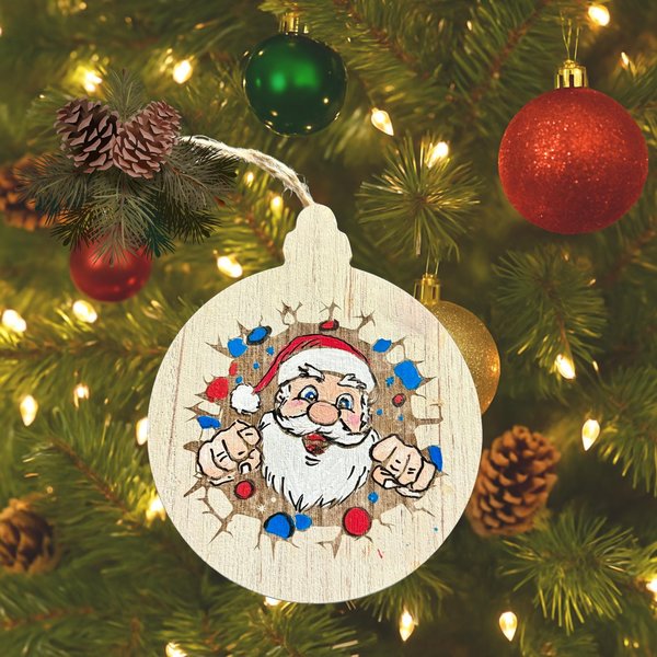 Santa Knockout Ornament – Hand-Painted MDF Christmas Ornament | Funny Santa Crashing Through Wall Design | Holiday Tree Décor | Santa Gift