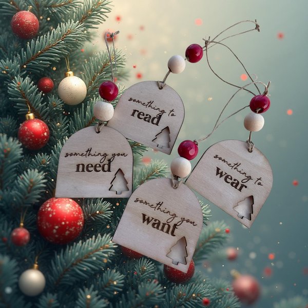 Something You Want, Need, Wear, Read Gift Tags | Set of 4 Wooden Christmas Tags | Minimalist Holiday Gift Set | Reusable Laser Engraved Tags
