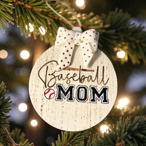 Baseball Mom Ornament – Rustic MDF Baseball Christmas Ornament with Bow, Sports Mom Gift, Team Mom Tree Decor, Handmade Baseball Gift