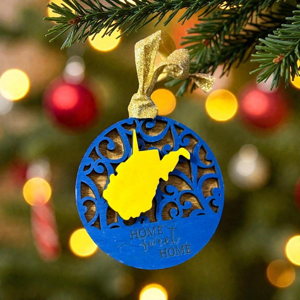 West Virginia Home Sweet Home Ornament – WV State Pride Christmas Ornament – Blue & Gold Wood Décor – Gift for West Virginians