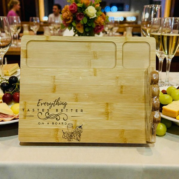 Bamboo Charcuterie Board w/Cheese Knives Set – Personalized Serving Board – Engraved Cheese Board w/Utensils – Housewarming Gift