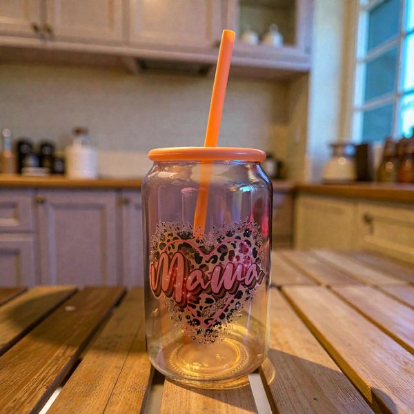 Mama Glass Can Cup | Leopard Heart Mama Tumbler with Straw | Iced Coffee Glass | Mom Gift | Cute Mother’s Day Drinkware