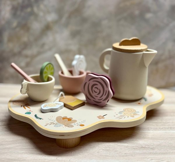 Personalized Wood & Silicone Tea Party Set for Kids | Custom Name Tea Tray | Montessori Pretend Play Toy | Wooden Tea Set Gift for Girls