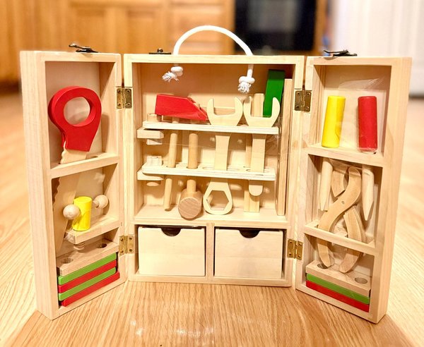 Wooden Kids Tool Kit Box | Montessori Wooden Tool Set for Toddlers | Pretend Play Toy Tool Box | Educational Toy Gift for Kids
