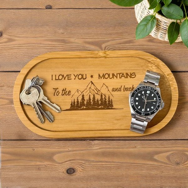 Engraved Bamboo Tray | “I Love You Mountains to the Moon and Back” | Mountain Decor Tray | Rustic Wood Catchall Gift
